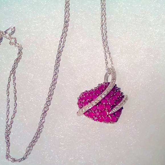 Natural Ruby and Diamond Sterling Silver Necklace - Picture 10 of 12